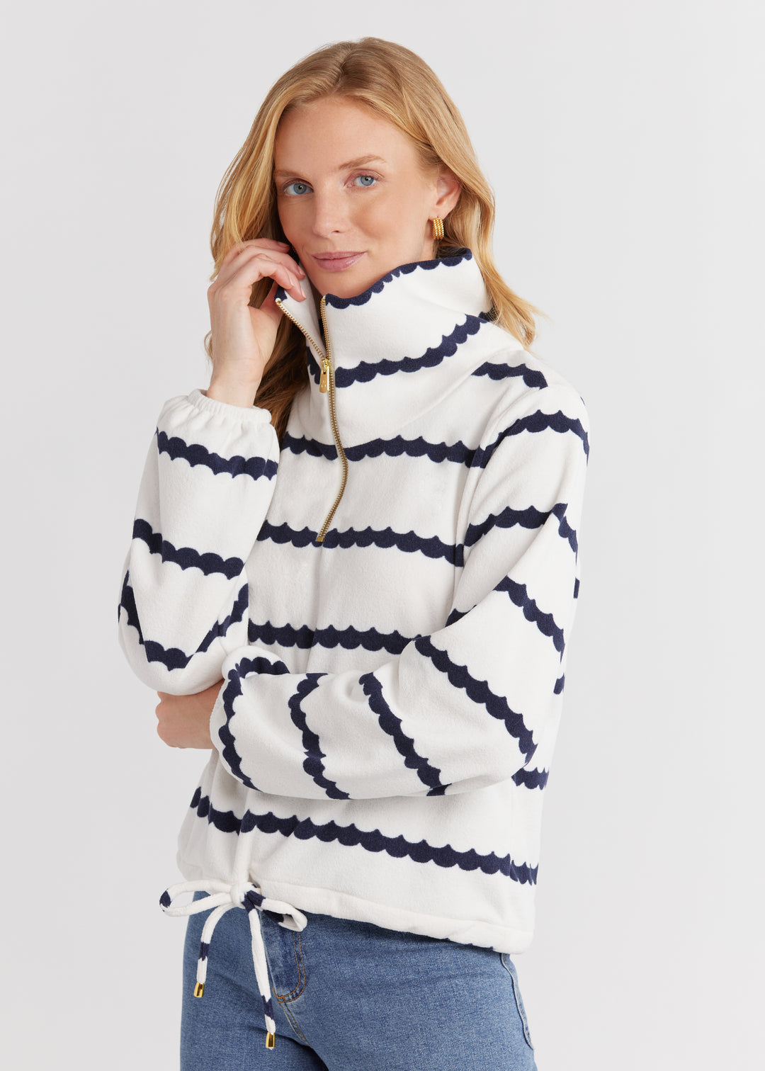 Boardwalk Pullover in Terry Fleece (Navy Scallop Stripe)