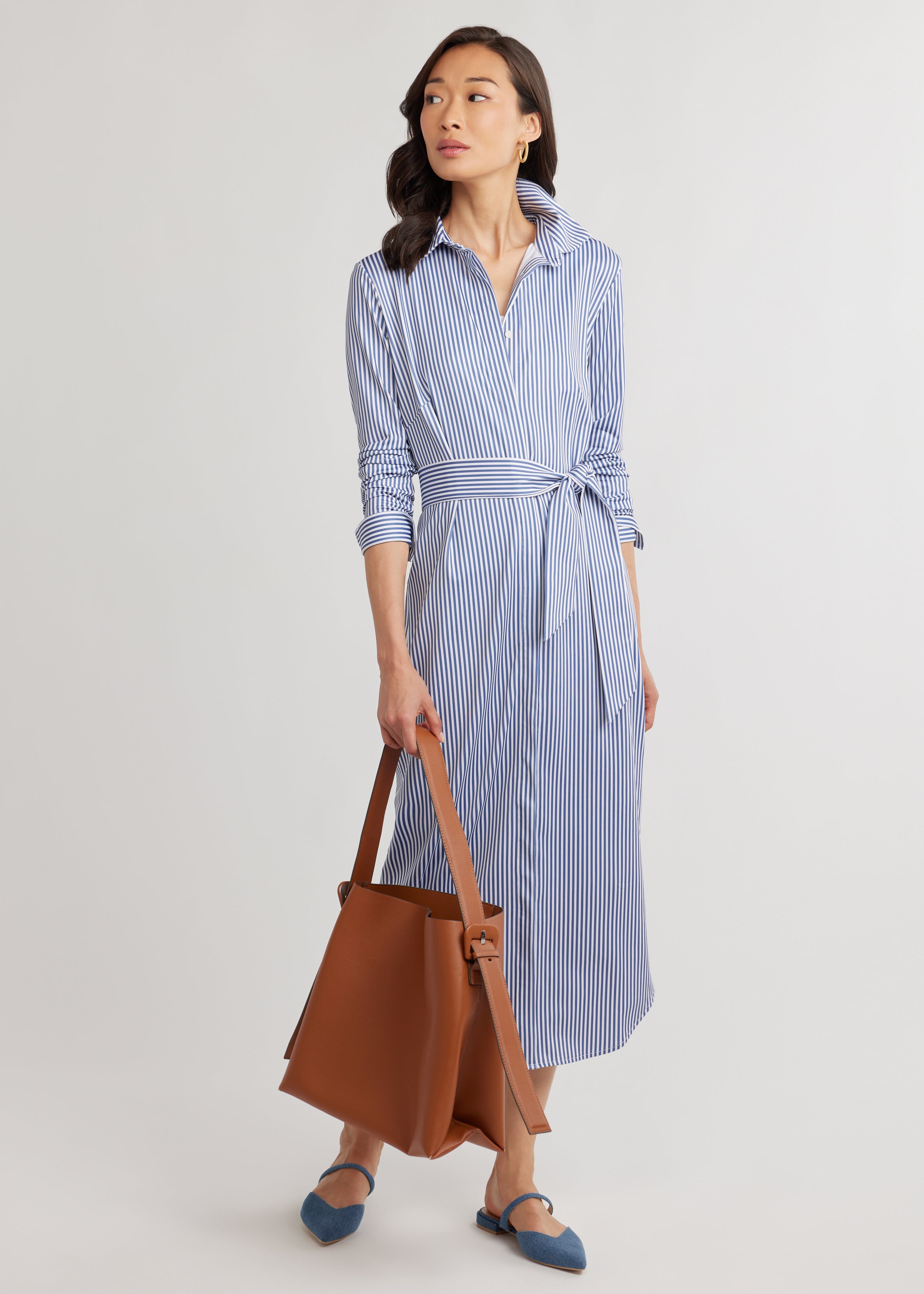 Brentwood Maxi Dress in Luxe Stretch Blue Pinstripe