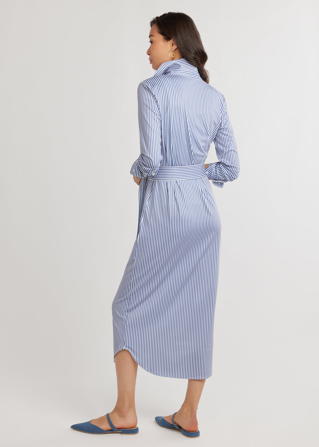 Brentwood Maxi Dress in Luxe Stretch (Blue Pinstripe)