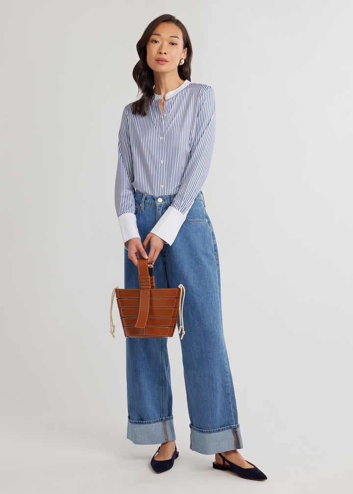 Edie Button Down in Luxe Stretch (Blue Pinstripe)