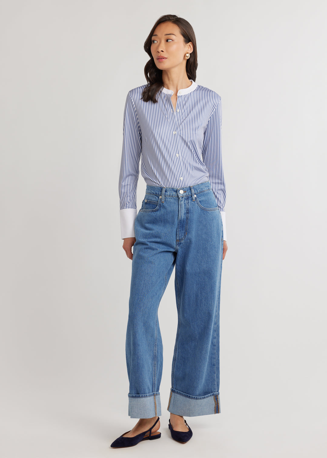 Edie Button Down in Luxe Stretch (Blue Pinstripe)