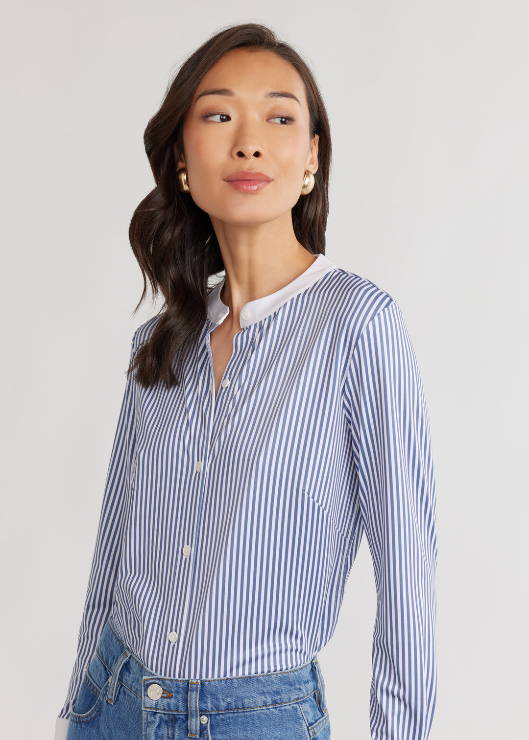 Edie Button Down in Luxe Stretch (Blue Pinstripe)