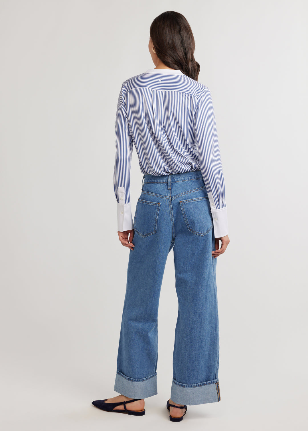 Edie Button Down in Luxe Stretch (Blue Pinstripe)