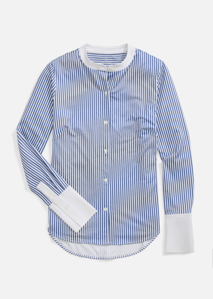 Edie Button Down in Luxe Stretch (Blue Pinstripe)