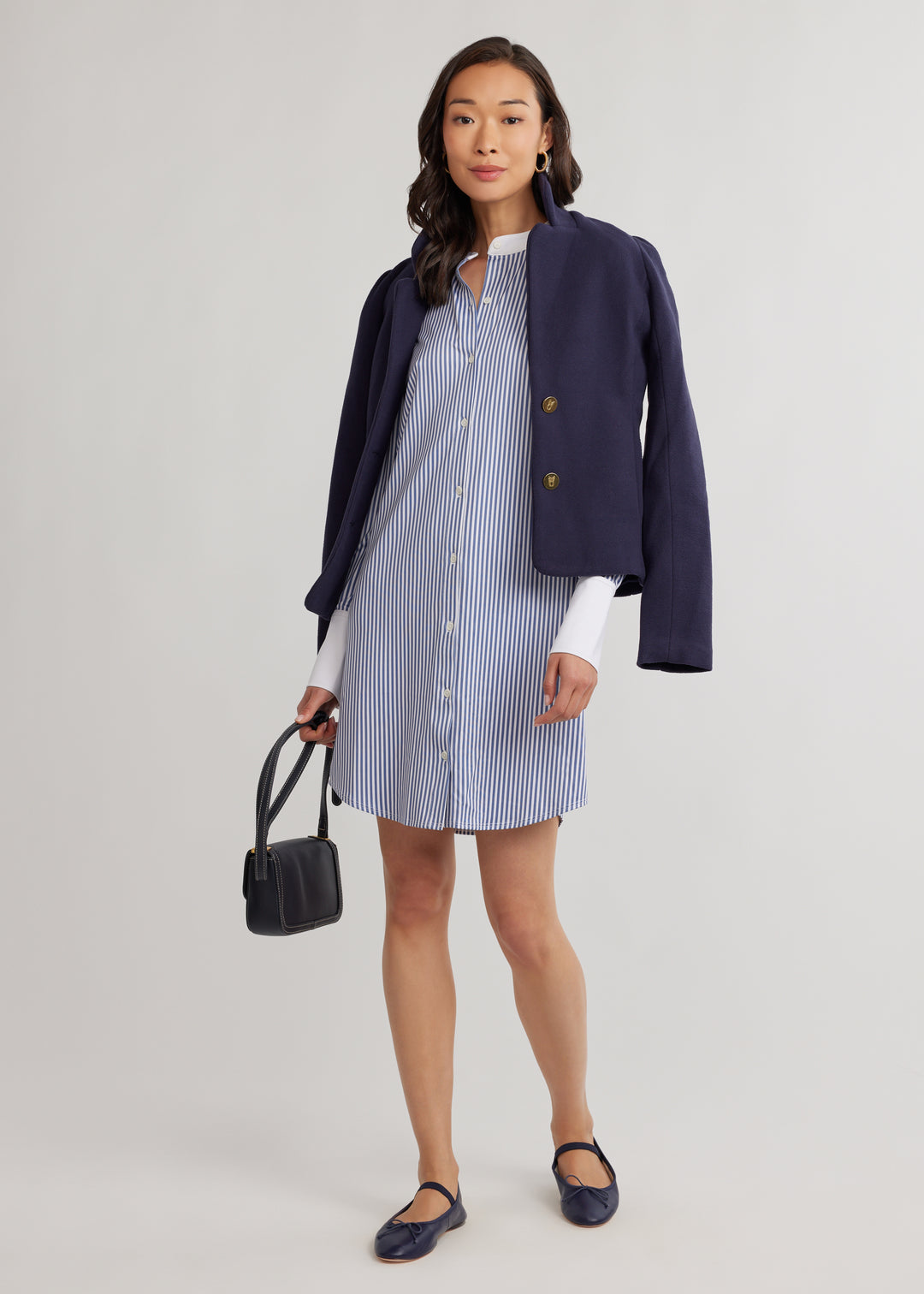 Edie Shirt Dress in Luxe Stretch (Blue Pinstripe)