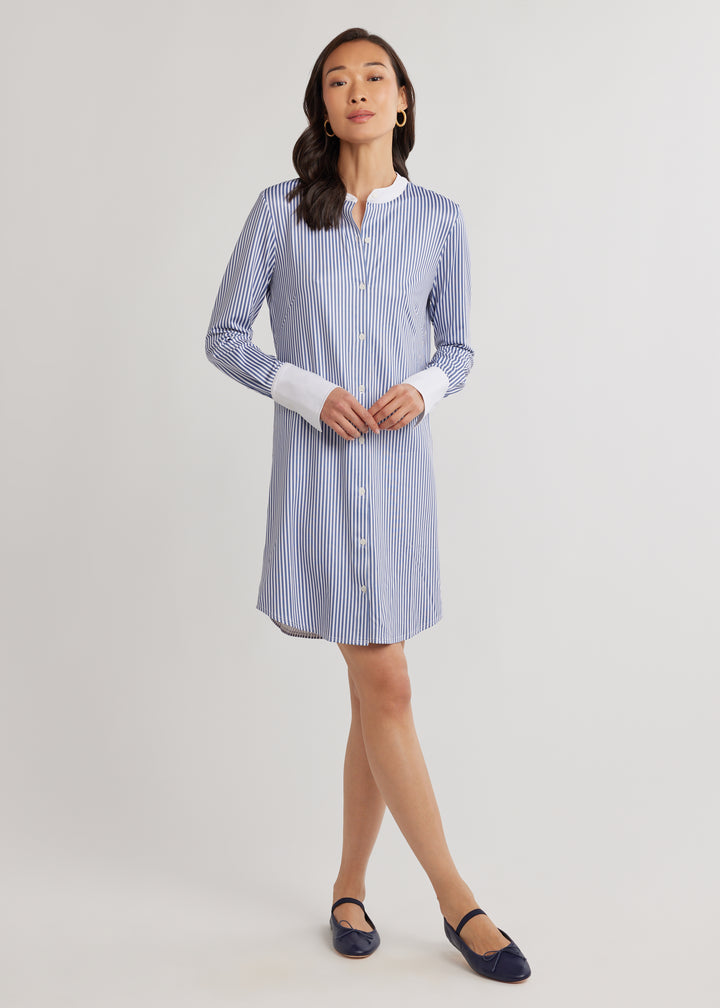 Edie Shirt Dress in Luxe Stretch (Blue Pinstripe)