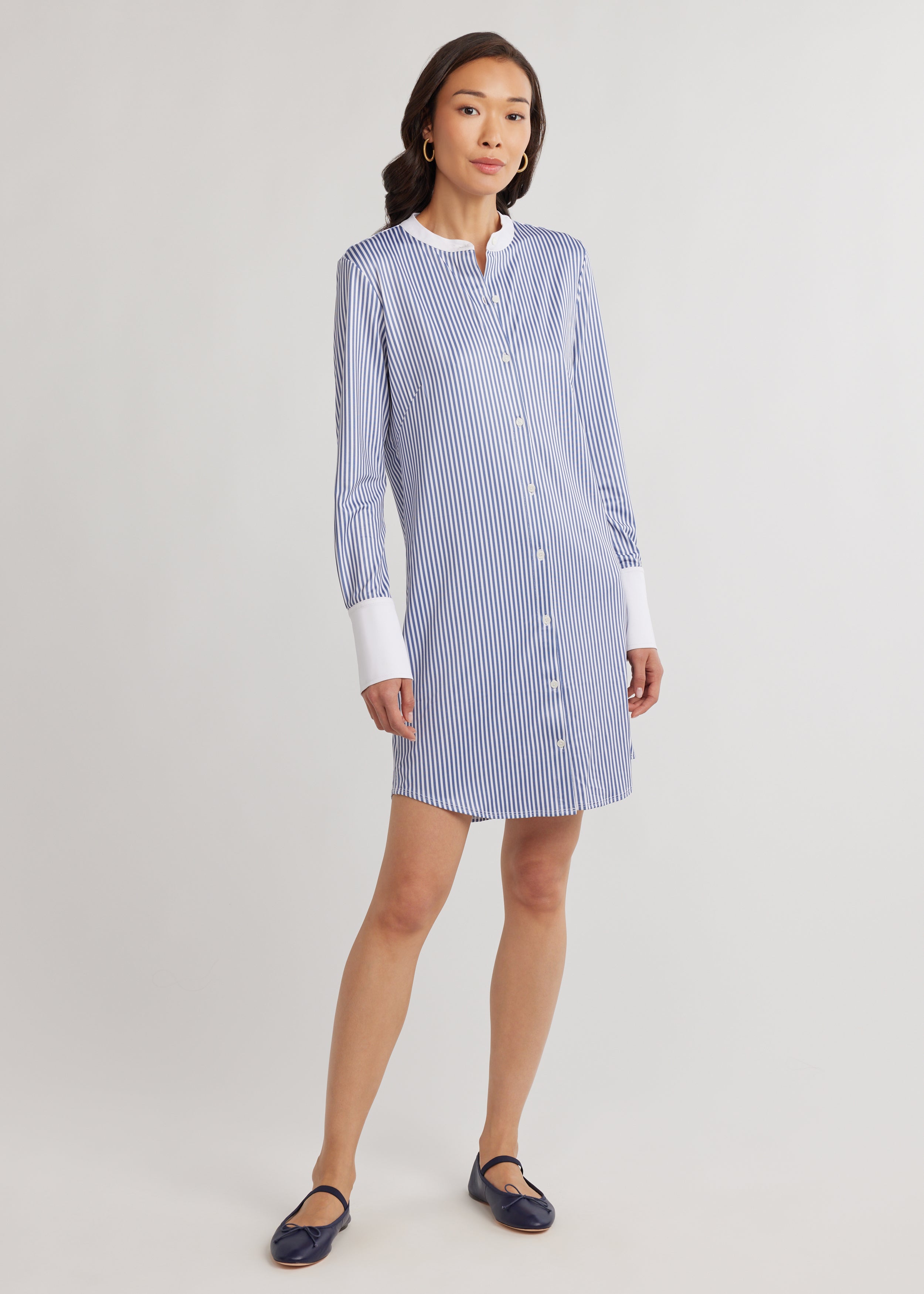 Dudley Stephens Women s Edie Shirt Dress in Luxe Stretch Blue Pinstripe in Size M Modern Fleece Clothing