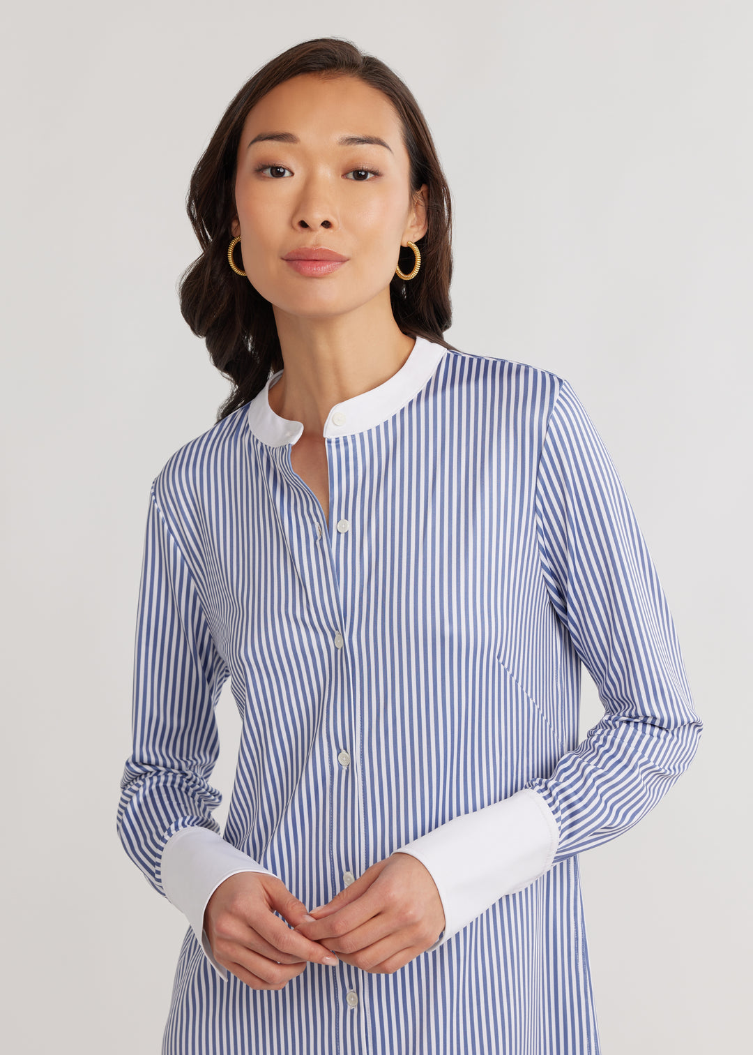 Edie Shirt Dress in Luxe Stretch (Blue Pinstripe)