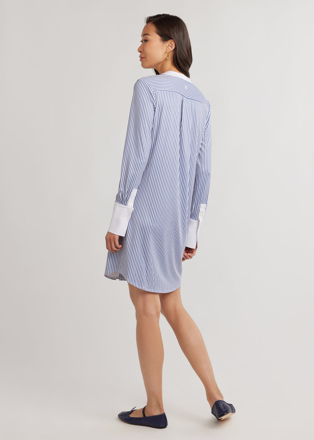 Edie Shirt Dress in Luxe Stretch (Blue Pinstripe)