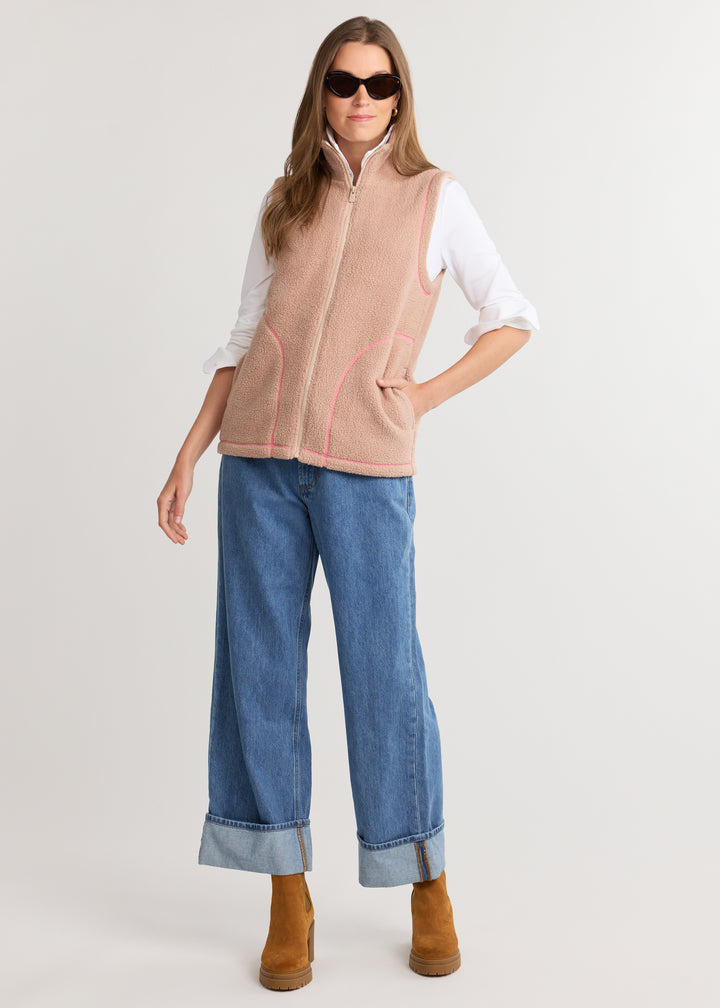 Hayes Vest in Sherpa Fleece (Khaki/Neon Pink)