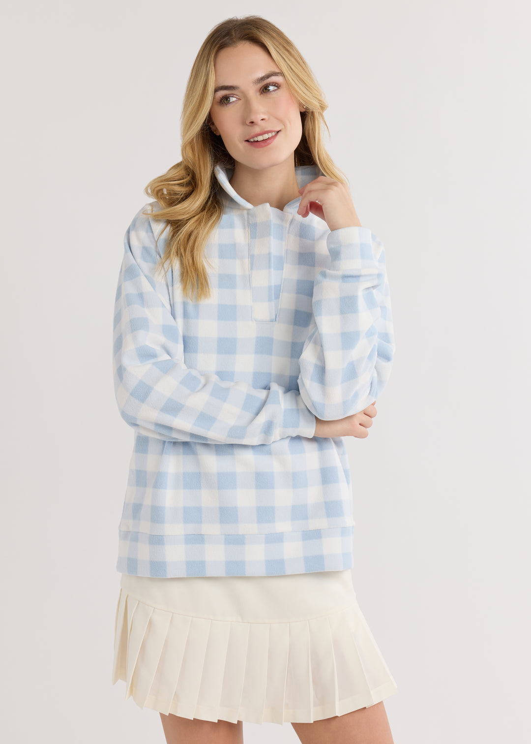 Ingrid Pullover in Terry Fleece (Ice Blue Gingham)