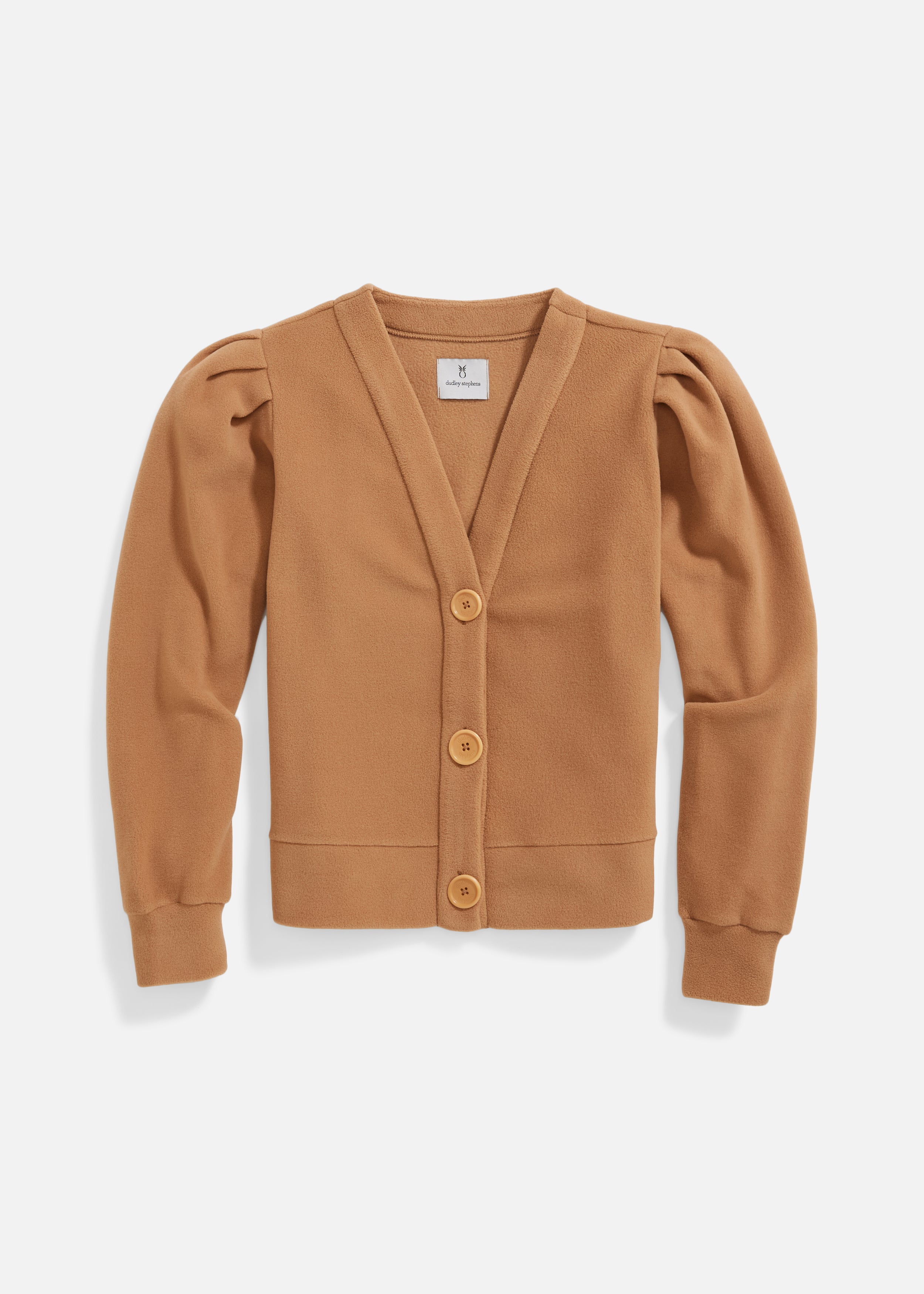 Kelly Puff Sleeve Cardigan in Vello Fleece Camel Dudley Stephens