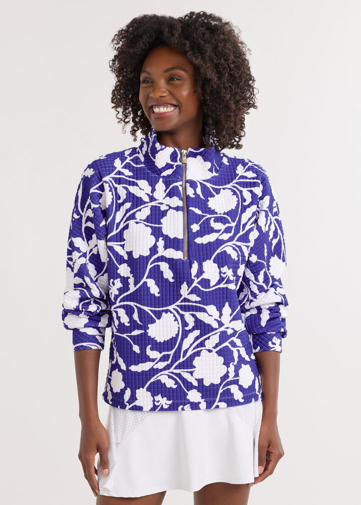 Marion Zip Pullover in Waffle (Blue Floral)