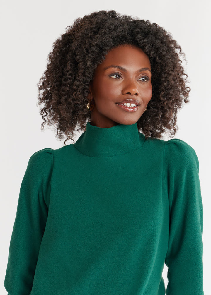 Palace Puff Sleeve Turtleneck in Vello Fleece (Emerald)