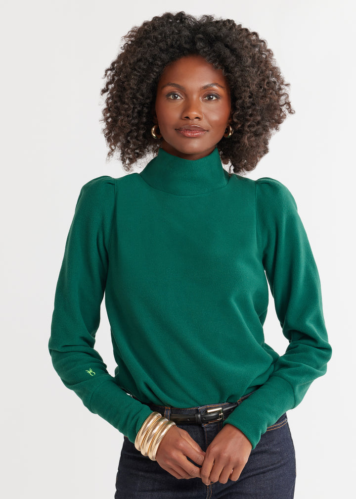 Palace Puff Sleeve Turtleneck in Vello Fleece (Emerald)