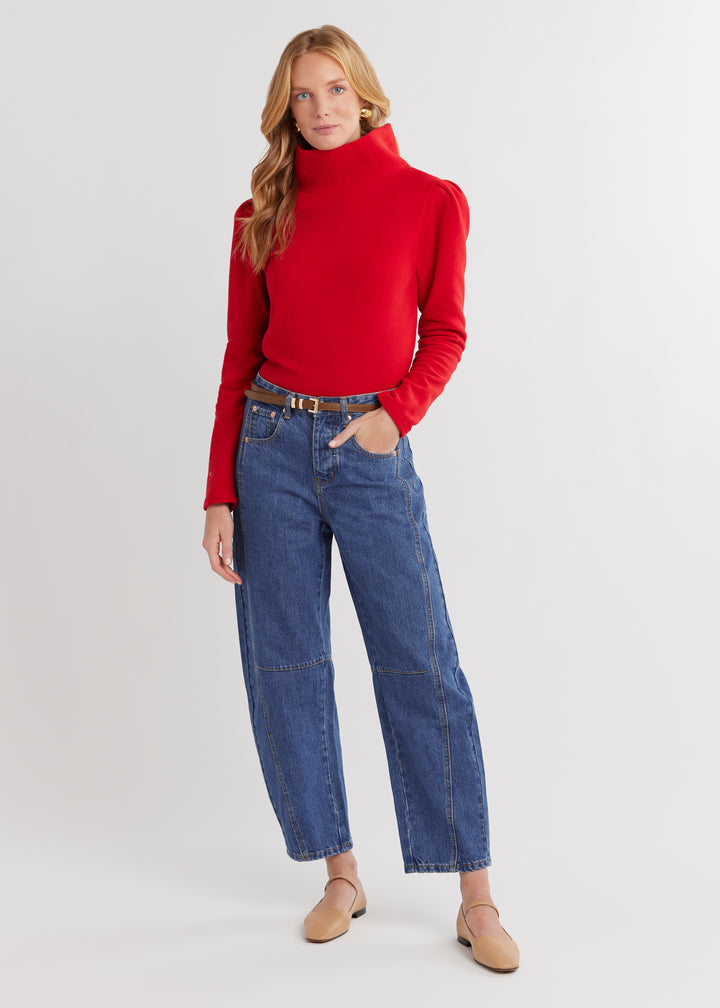 Palmer Puff Sleeve Turtleneck in Vello Fleece (Scarlet)