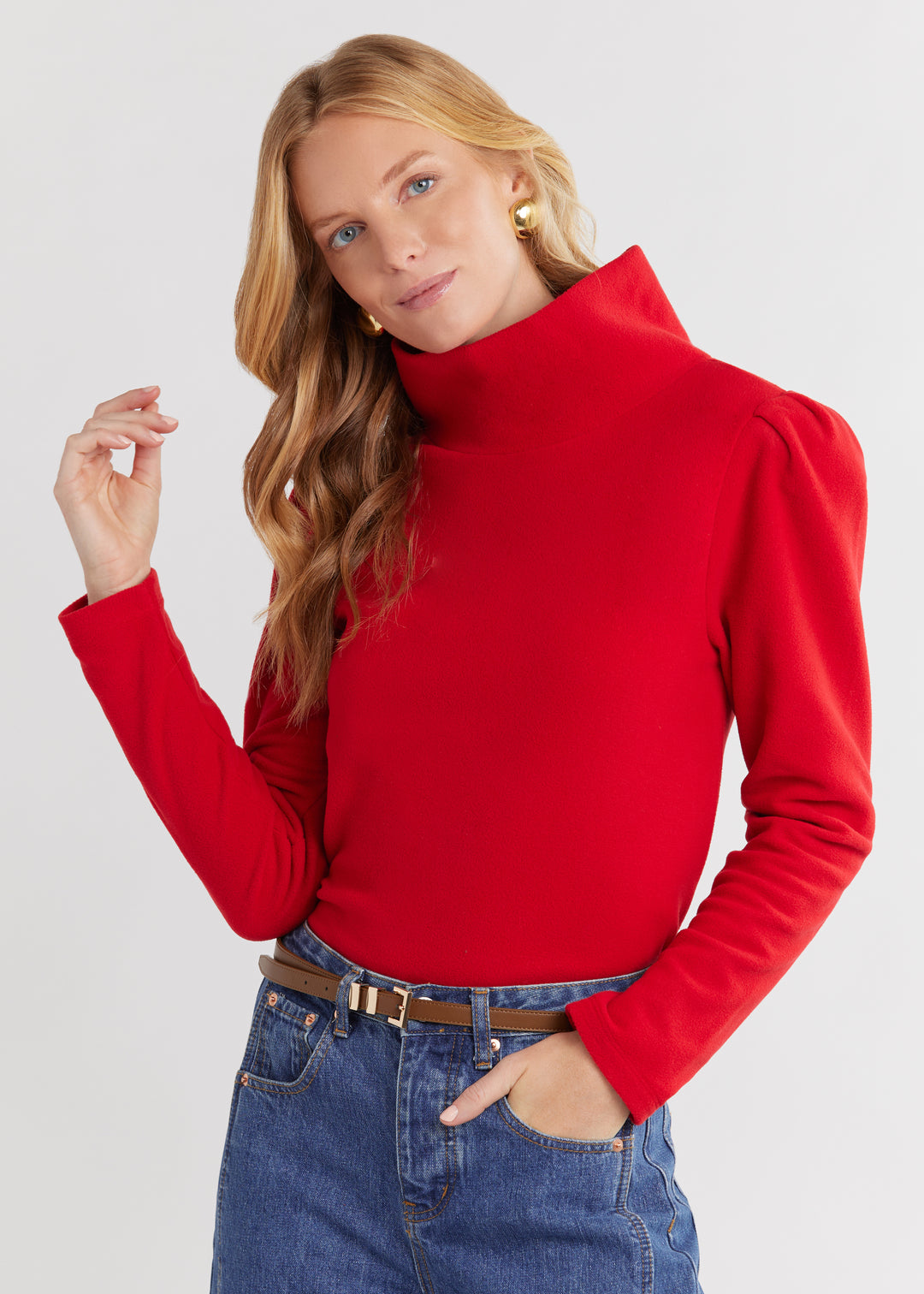 Palmer Puff Sleeve Turtleneck in Vello Fleece (Scarlet)