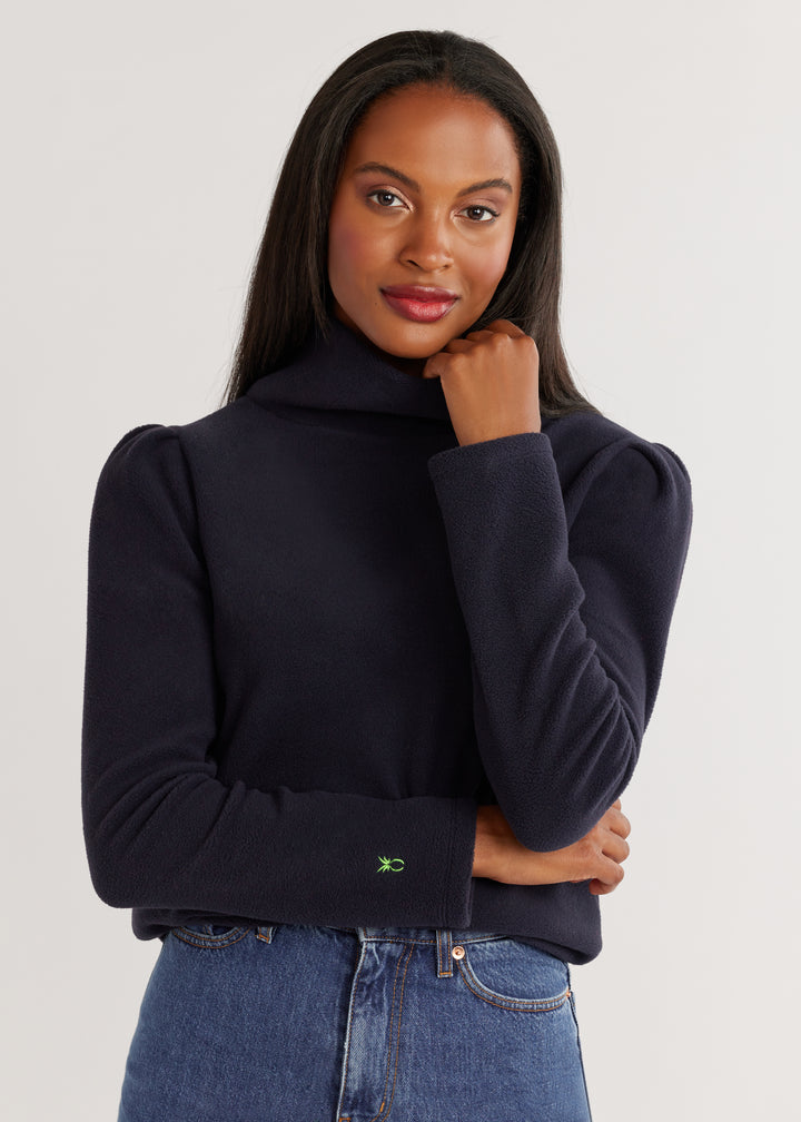 Palmer Puff Sleeve Turtleneck in Vello Fleece (Navy)