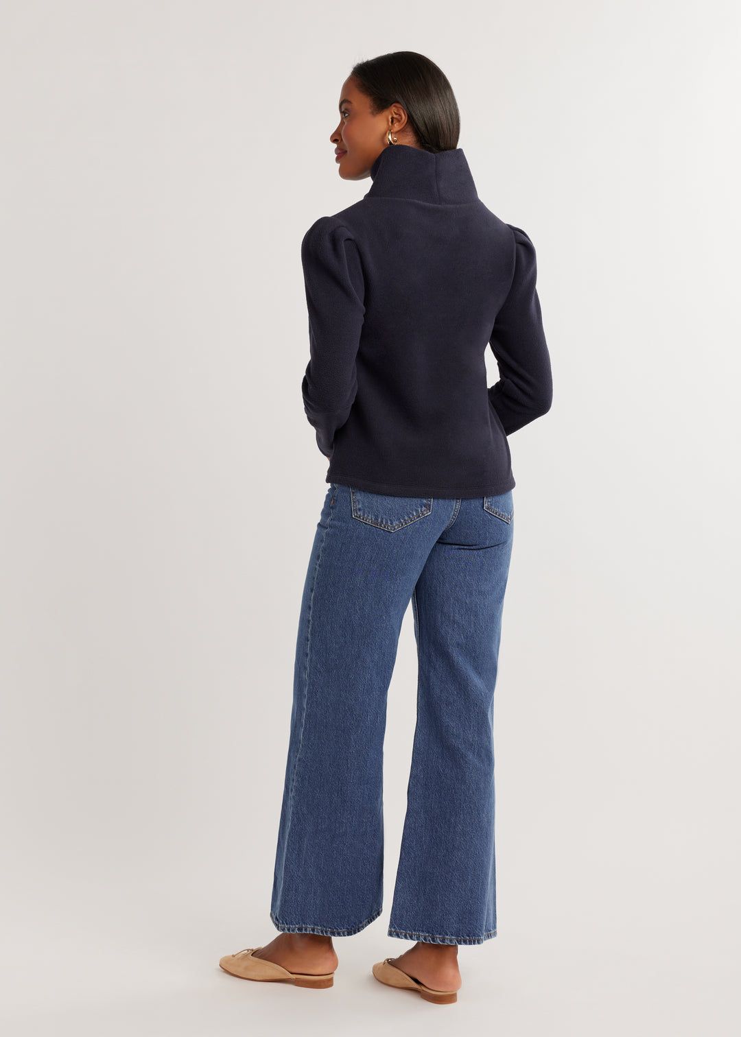 Palmer Puff Sleeve Turtleneck in Vello Fleece (Navy)