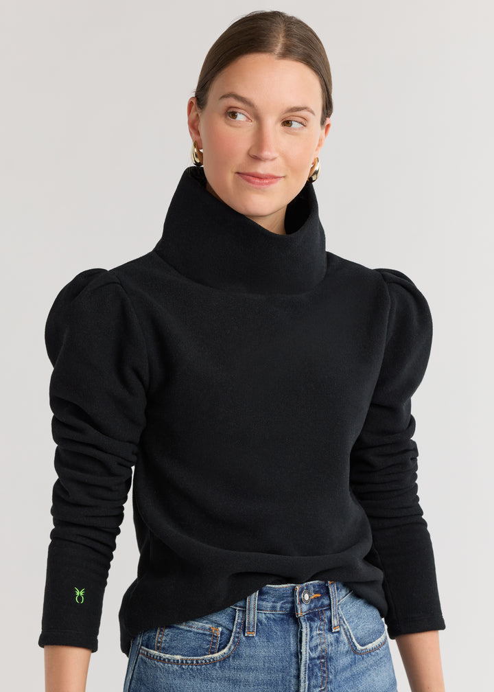 Palmer Puff Sleeve Turtleneck in Vello Fleece (Black)