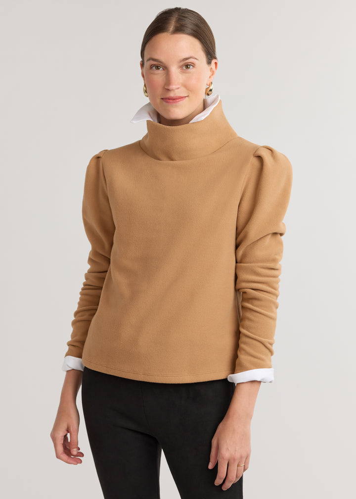 Palmer Puff Sleeve Turtleneck in Vello Fleece (Camel)