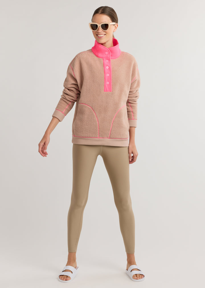 Palomino Pullover in Sherpa Fleece (Khaki/Neon Pink)