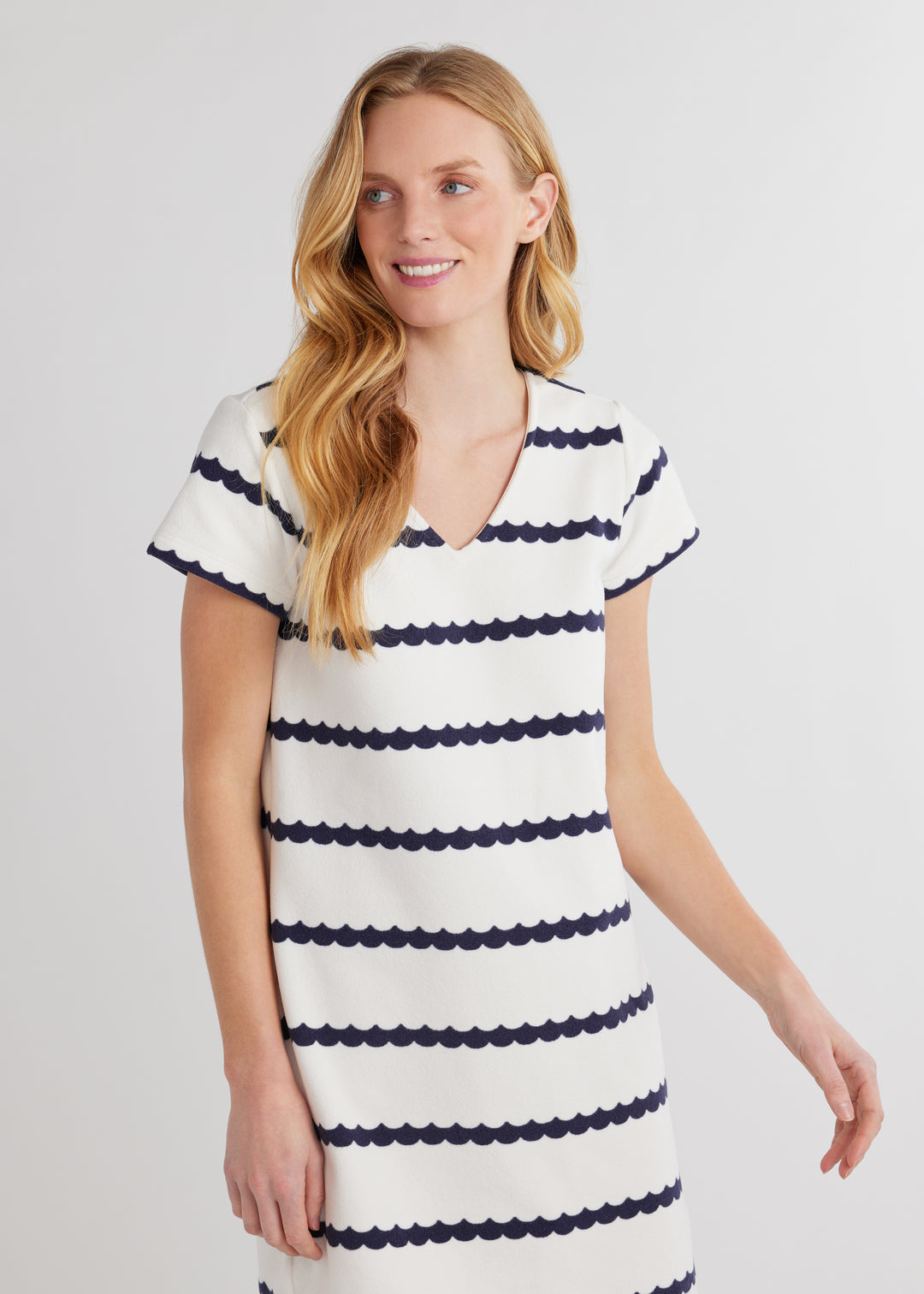 Seabreeze Dress in Terry Fleece (Navy Scallop Stripe)