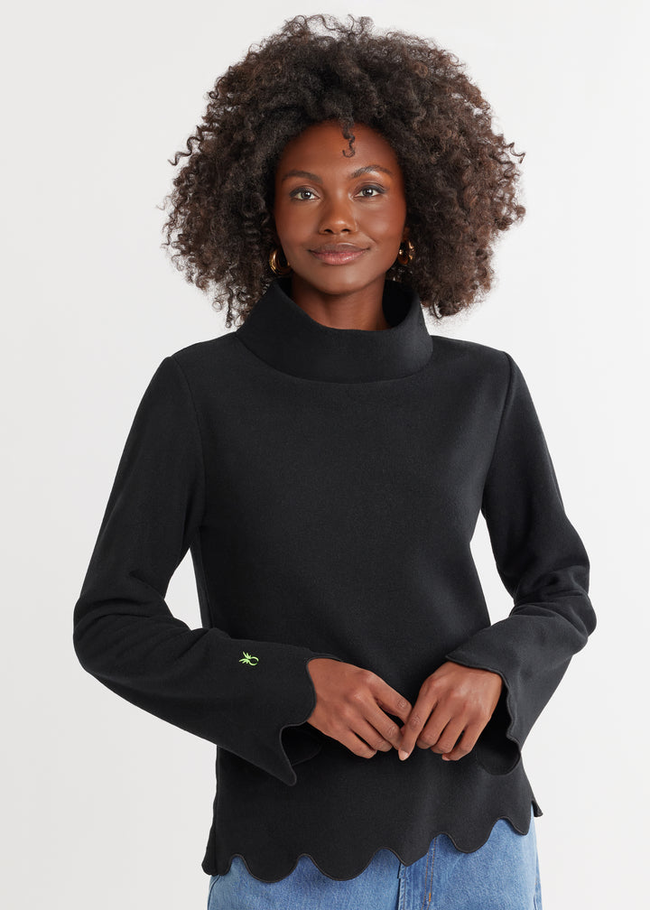 Sutton Scallop Turtleneck in Vello Fleece (Black)