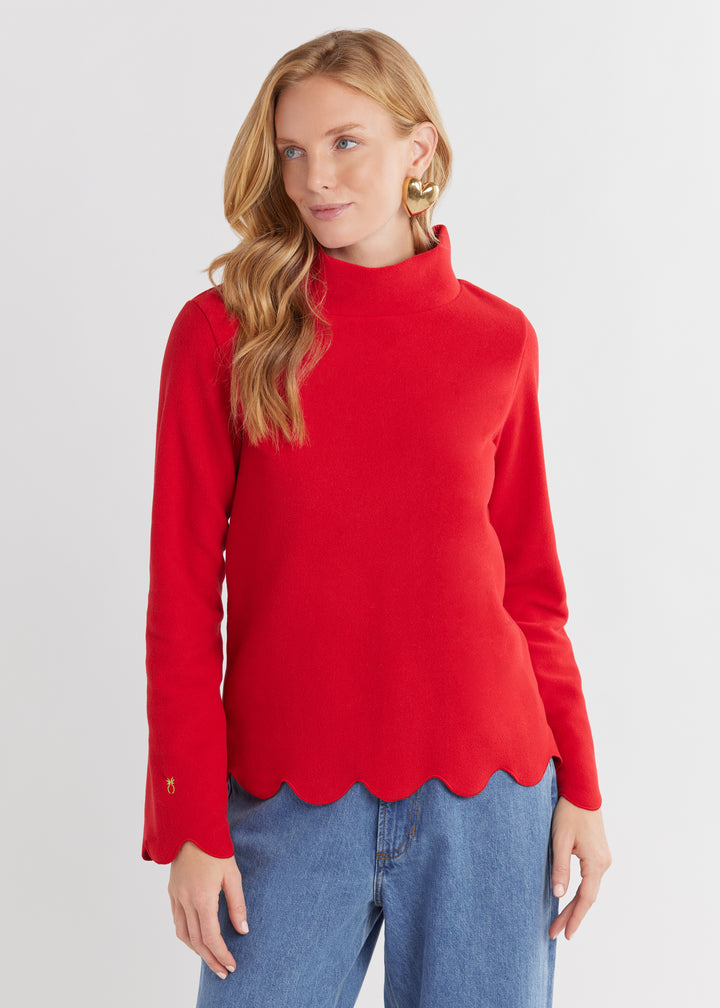 Sutton Scallop Turtleneck in Vello Fleece (Scarlet)